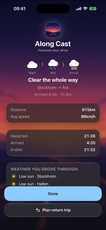Along Cast drive recap screen showing weather driven through