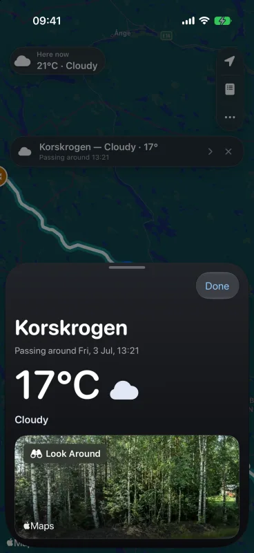 Along Cast route moment detail for Korskrogen with passing time, temperature, and Look Around road imagery