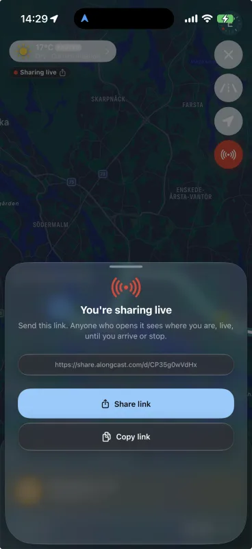 Along Cast You're sharing live sheet with a share.alongcast.com link, Share link and Copy link buttons, over the live drive map