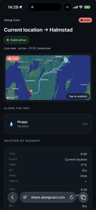 A shared Along Cast drive open at share.alongcast.com showing the route to Halmstad, a LIVE badge, the live position marker, and the weather along the way