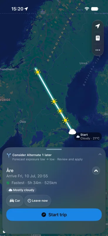Along Cast route planner recommending consideration of Alternate 1 at a later departure time for a Stockholm to Åre drive