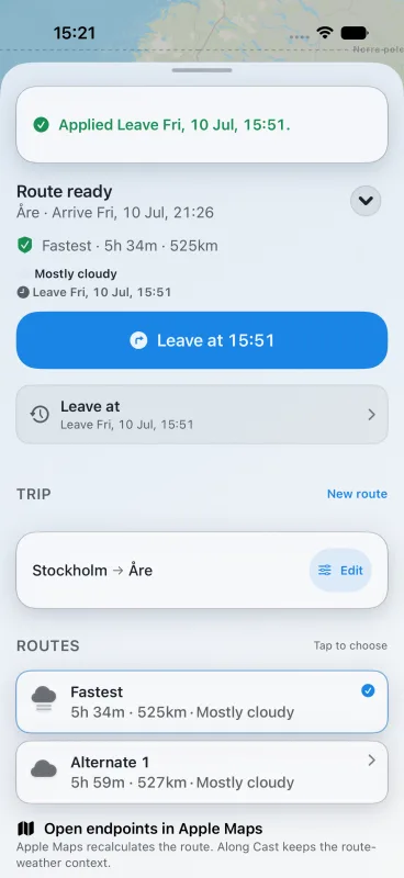 Along Cast route ready sheet confirming an applied departure time and explaining the Apple Maps handoff