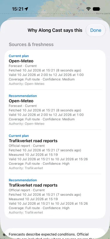Along Cast sources and freshness sheet showing current Open-Meteo forecasts and Trafikverket road reports with coverage and confidence