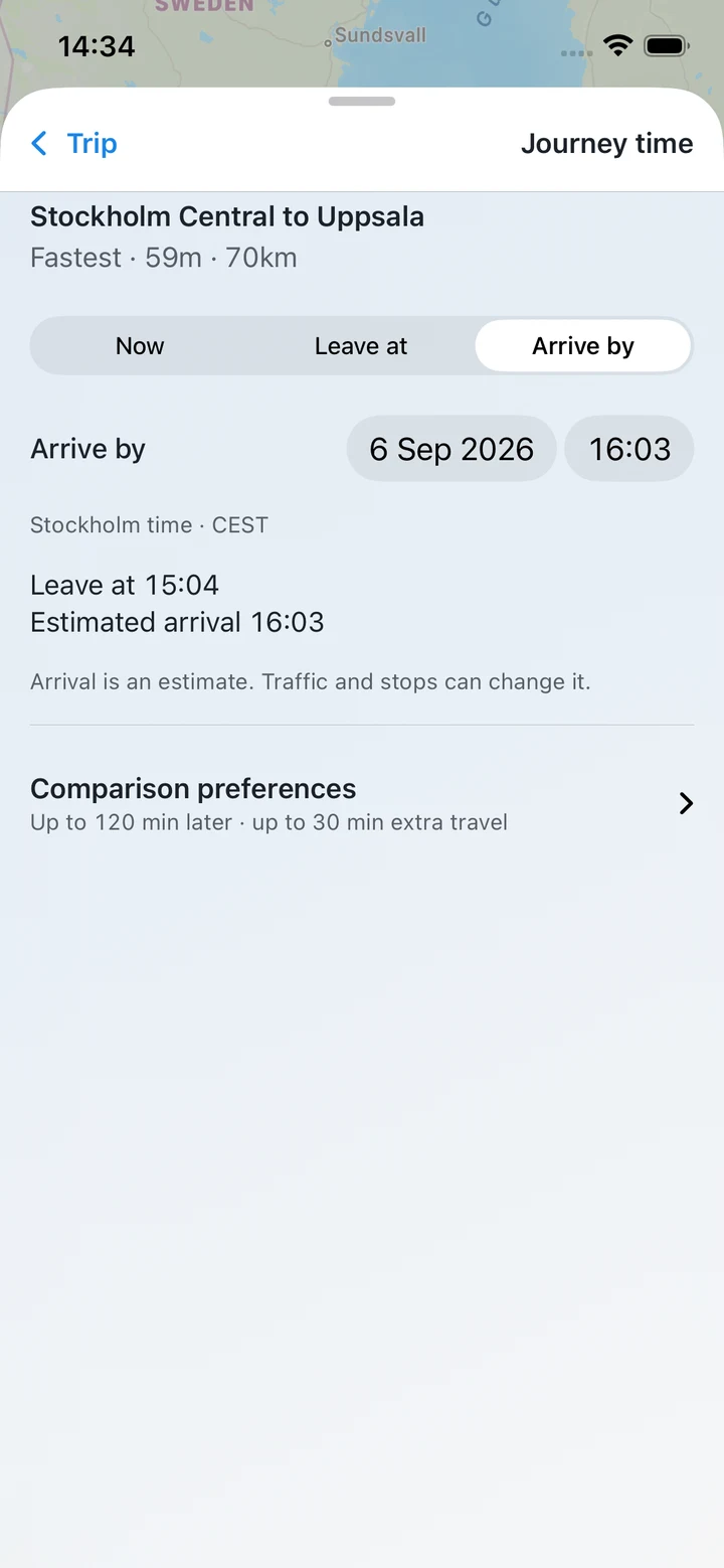 Real Arrive by plan with estimated departure at 15:04 and arrival at 16:03