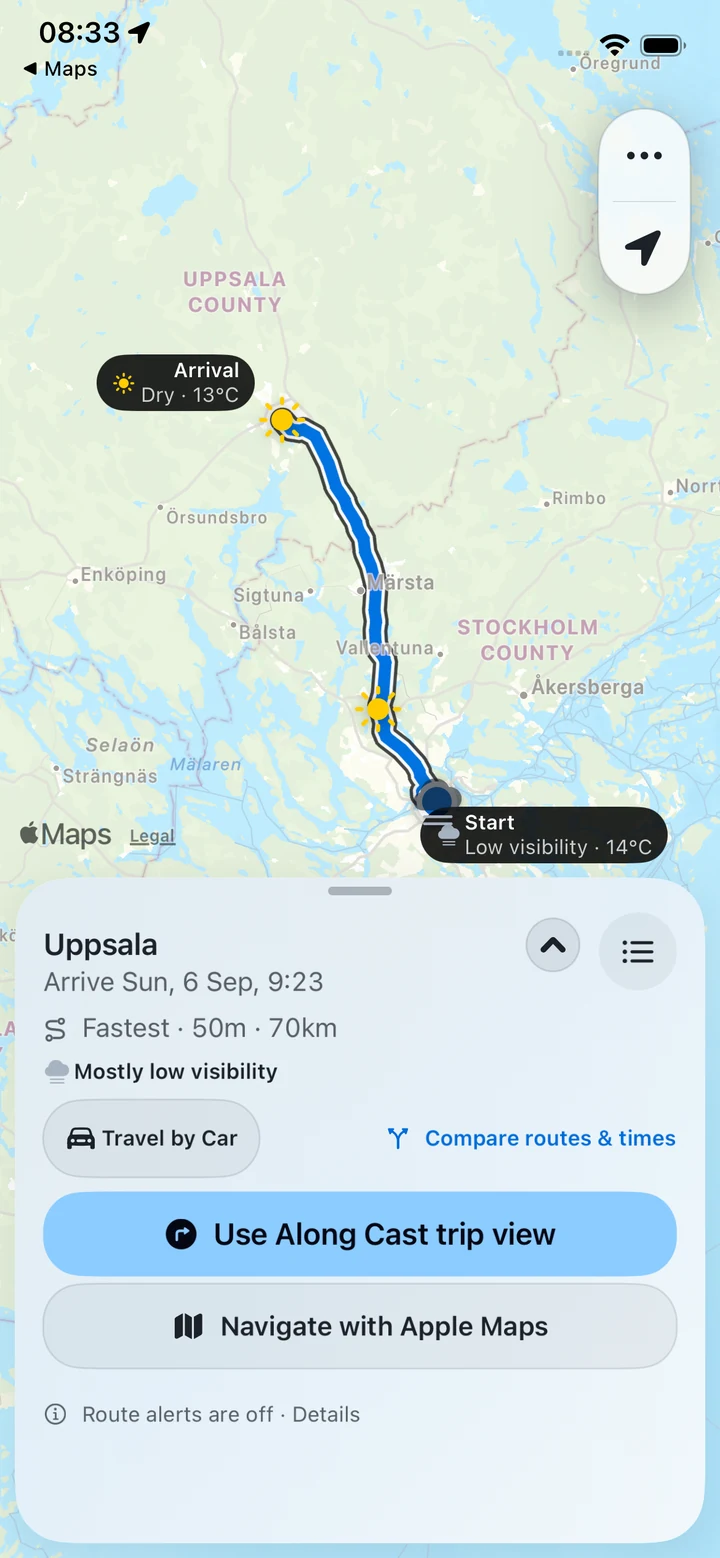 Route briefing for a real Stockholm to Uppsala drive, with weather, arrival and a road-following map