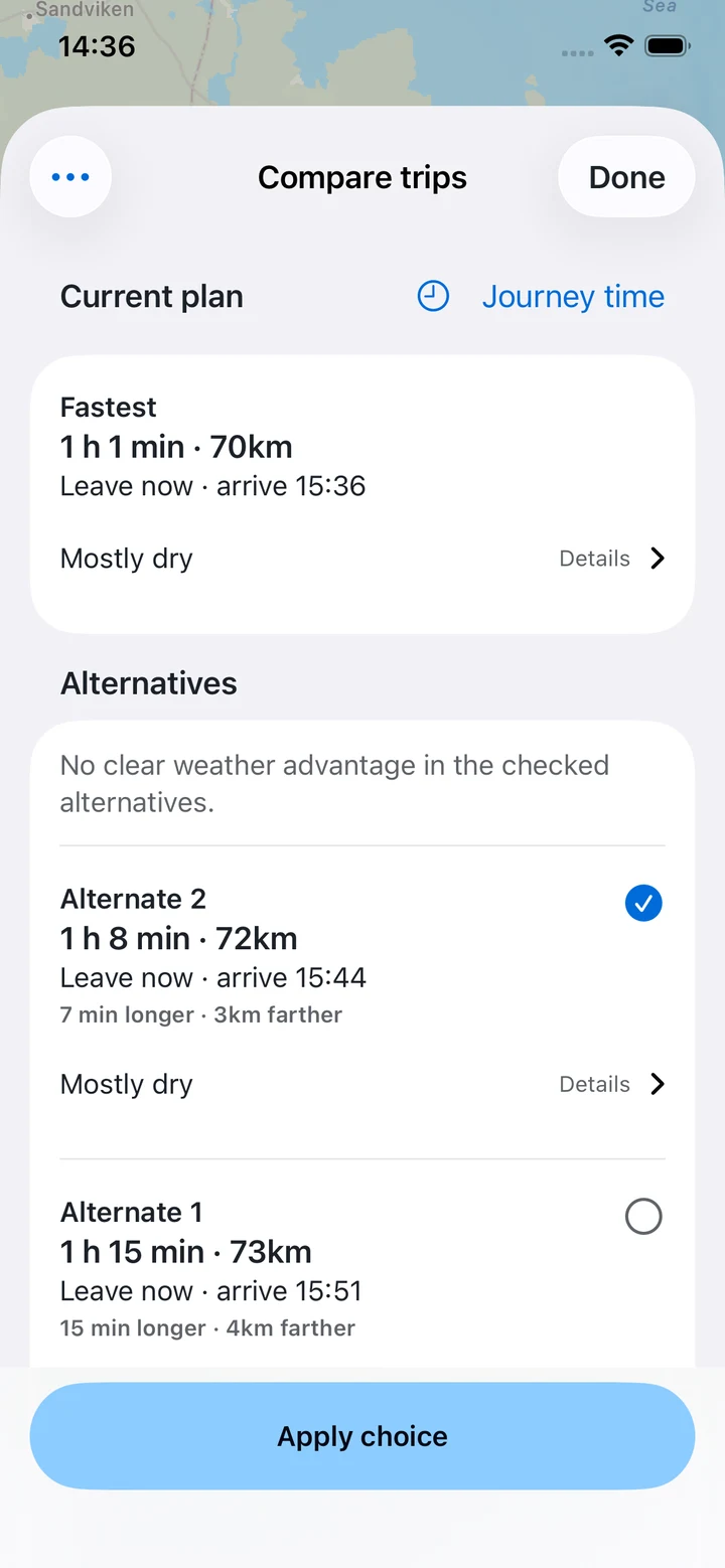 Real Stockholm to Uppsala comparison: the selected alternate takes 7 minutes longer with no clear weather advantage
