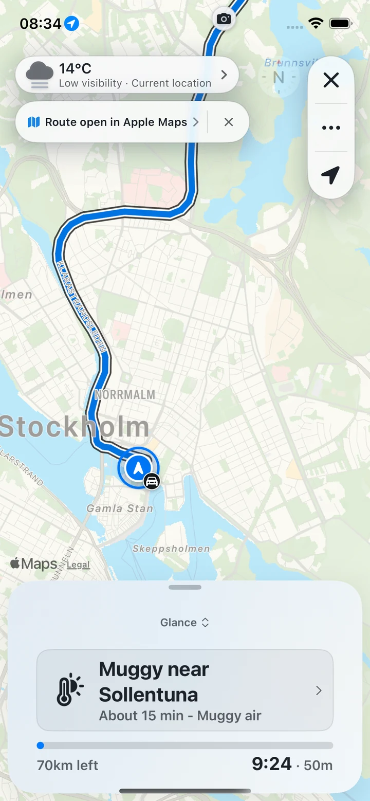 Along Cast trip view for Stockholm to Uppsala after opening the route in Apple Maps