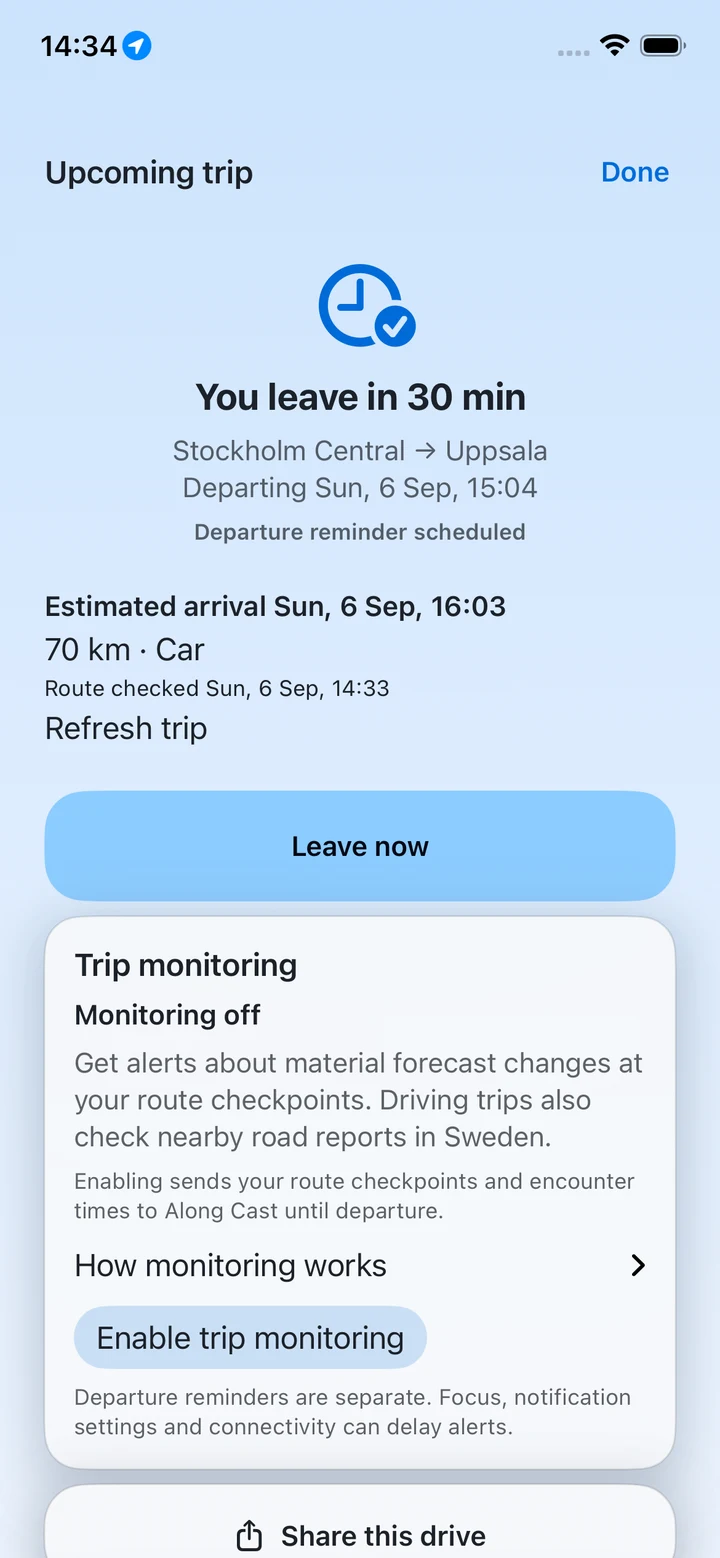 The upcoming Stockholm to Uppsala trip with a departure reminder scheduled and automatic monitoring off