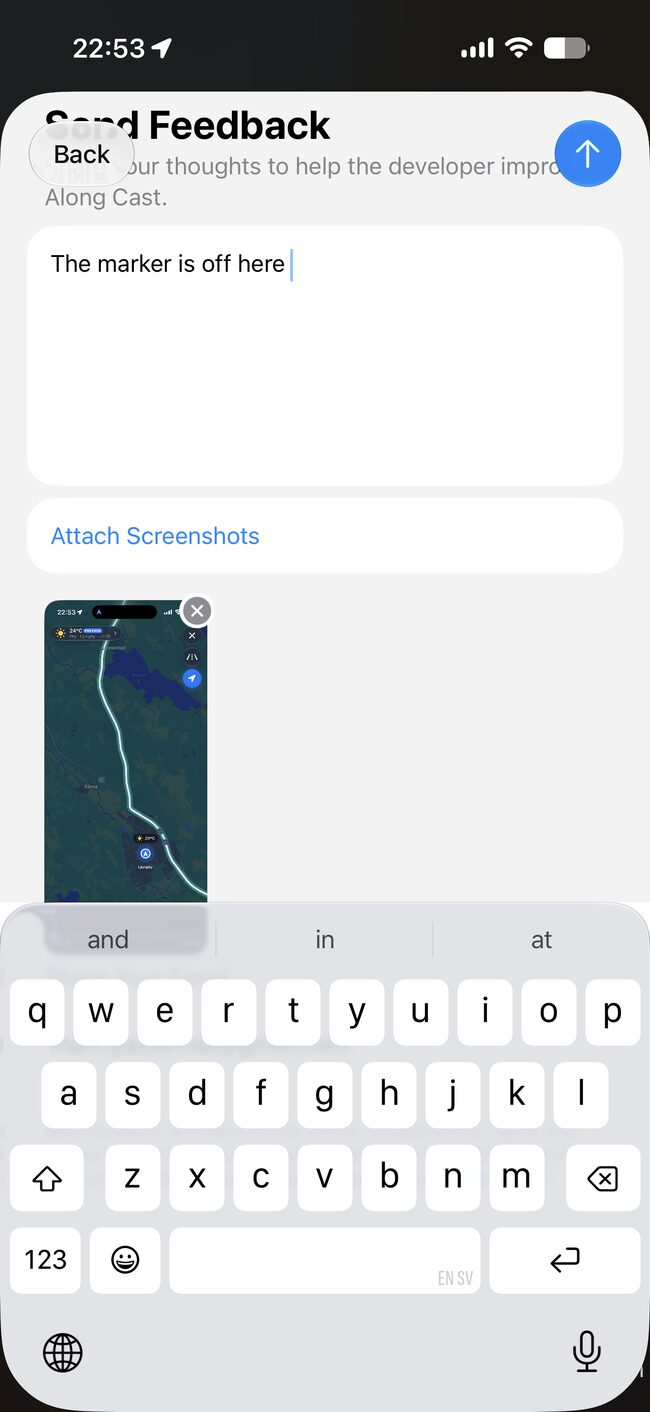 TestFlight Send Feedback form with one attached map screenshot and the comment: The marker is off here